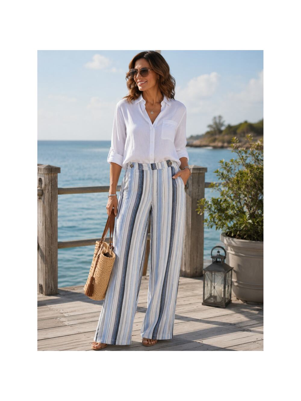 Definitions by D.Jeans Blue White Nautical Stripe Wide Leg Pants Coastal Linen L